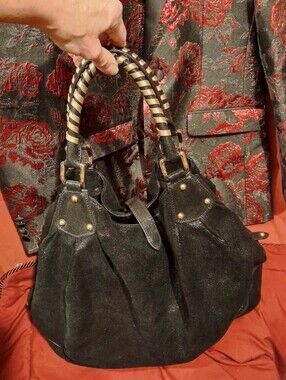 Halston Heritage Black Suede Bag with Gold Accents